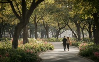 parc-couple-flou-allee-fleurie