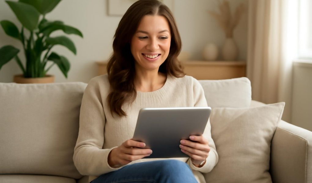 femme-souriante-salon-moderne-tablette