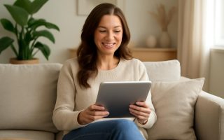 femme-souriante-salon-moderne-tablette