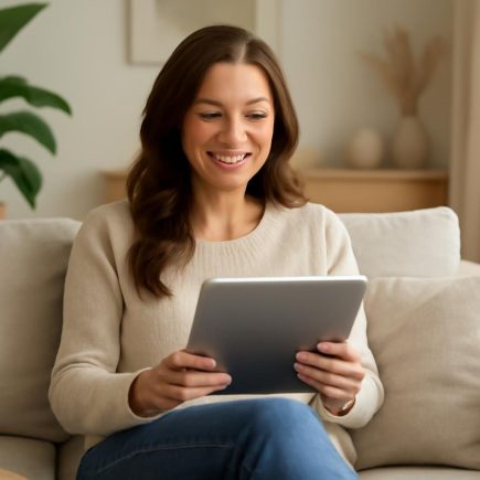 femme-souriante-salon-moderne-tablette