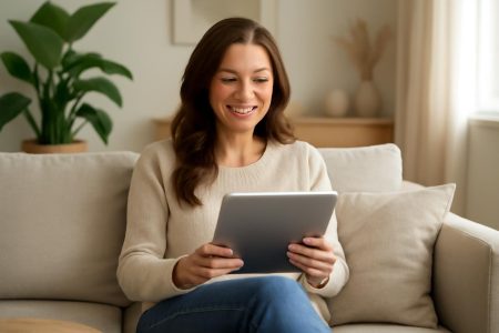 femme-souriante-salon-moderne-tablette