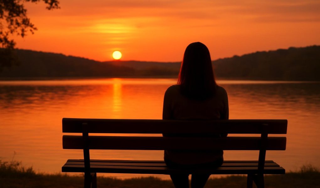 femme-banc-parc-lac-coucher-soleil