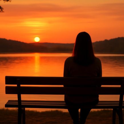 femme-banc-parc-lac-coucher-soleil