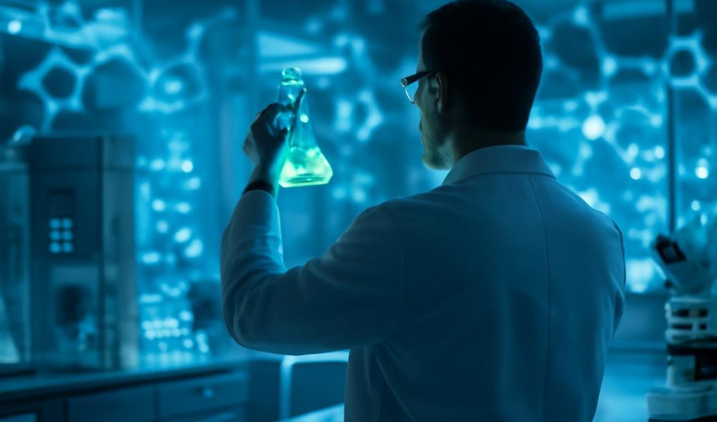 scientifique-laboratoire-fiole-liquide-lumineux