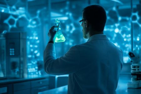 scientifique-laboratoire-fiole-liquide-lumineux