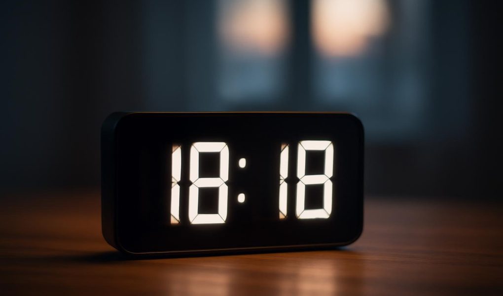 horloge-moderne-table-bois-fond-flou