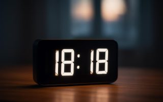 horloge-moderne-table-bois-fond-flou