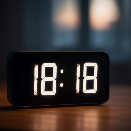 horloge-moderne-table-bois-fond-flou