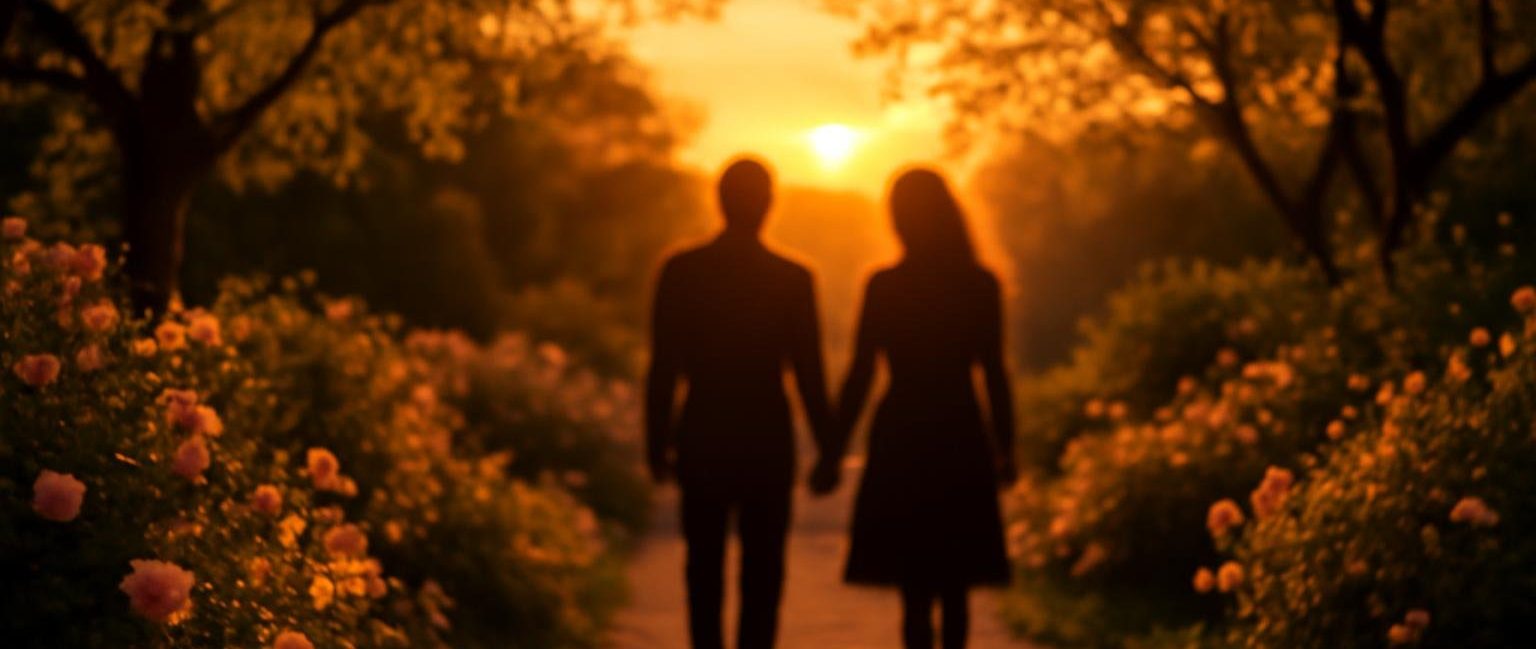 silhouettes-marchant-jardin-coucher-soleil