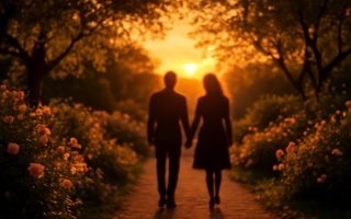 silhouettes-marchant-jardin-coucher-soleil