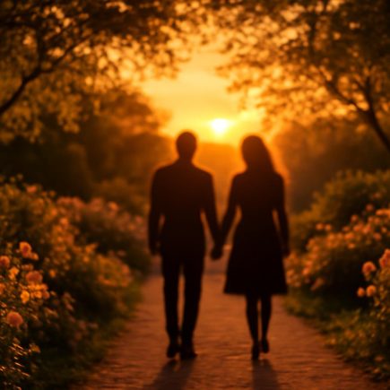 silhouettes-marchant-jardin-coucher-soleil