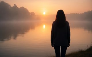 femme-lac-lever-soleil-brume