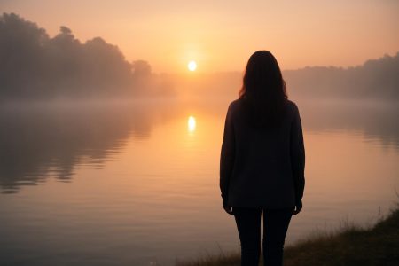 femme-lac-lever-soleil-brume