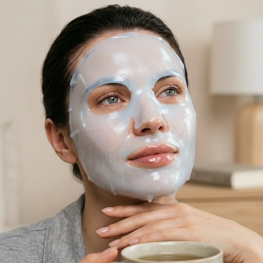 femme visage en gros plan portant un masque hydrogel au collagène